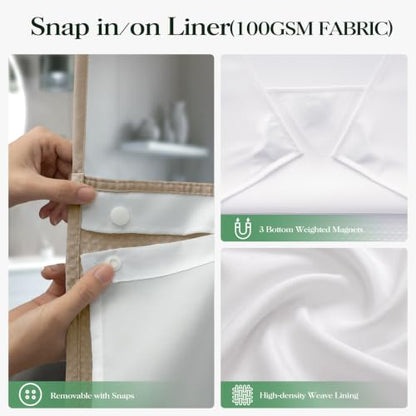 Beige Hook Free Waffle Shower Curtain & Snap-in Fabric Liner,72x81 | Less Time to install, 3 in 1 Fabric Shower Curtain and Liner Set with Magnets, Long, Shower Curtains for Bathroom - color: B Beige, size: 72"W x 81"L (Pack of 1)