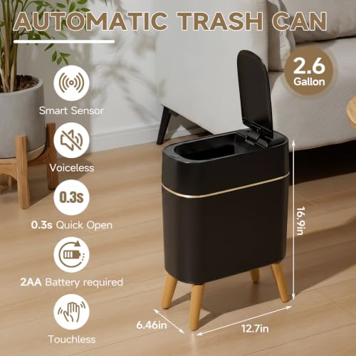 Black and Gold Sensor Trash Can Bathroom,Smart Plastic Wastebasket | Waterproof,Narrow,Motion Sensor, Convenient and Hygienic Easy to Use，2.6 gallon Small Garbage Can for Office,Bedroom,Kitchen - color: Black