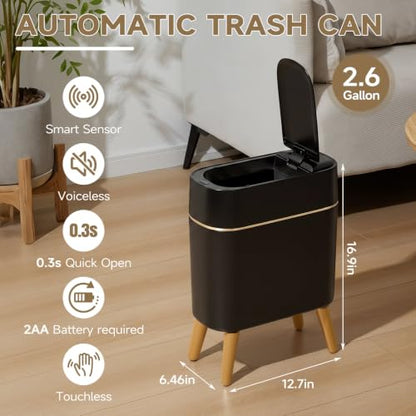 Black and Gold Sensor Trash Can Bathroom,Smart Plastic Wastebasket | Waterproof,Narrow,Motion Sensor, Convenient and Hygienic Easy to Use，2.6 gallon Small Garbage Can for Office,Bedroom,Kitchen - color: Black