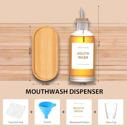 11.8OZ Glass Mouthwash Dispenser, Set of 2, Clear | Stainless Steel & Bamboo Nozzle, Reusable Mouthwash Cup, Bamboo Tray, Elegant Gold Sticker - color: Clear/350*2