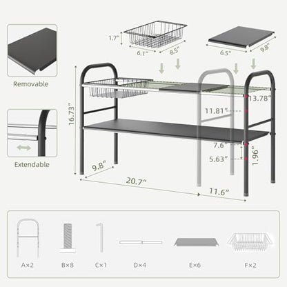 Under Sink Organizers and Storage,Expandable under cabinet organizer Shelf | 2 tier expandable shelf for kitchen,bathroom,6 Removable ABS Panels and 2 Baskets,Adjustable partition height,20.7-32.3" W - size: 6 Panels and 2 Baskets