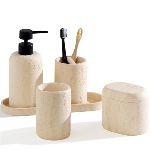 Bathroom Accessories Set, Travertine Stone Look, 5 PCS, Yellow | Modern, Bathroom Set with 13.53 OZ Soap Dispenser, Toothbrush Holder, Tumbler, Vanity Tray, Cotton Swab Jar for Countertop - color: Yellow 5 Pcs