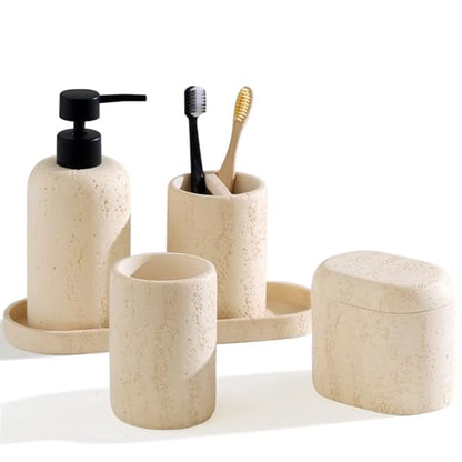 Bathroom Accessories Set, Travertine Stone Look, 5 PCS, Yellow | Modern, Bathroom Set with 13.53 OZ Soap Dispenser, Toothbrush Holder, Tumbler, Vanity Tray, Cotton Swab Jar for Countertop - color: Yellow 5 Pcs