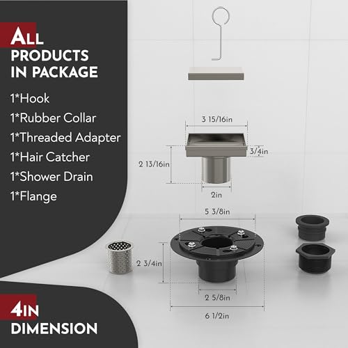 4 Inch Square Shower Drain Nickel Floor Drain with Flange Reversible 2-in-1 Cover Tile Insert Grate Removable SUS304 Stainless Steel CUPC Certified Brushed Nickel - color: Brushed Nickel, size: 4 Inch
