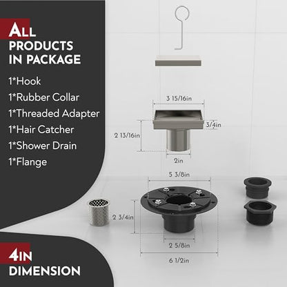 4 Inch Square Shower Drain Nickel Floor Drain with Flange Reversible 2-in-1 Cover Tile Insert Grate Removable SUS304 Stainless Steel CUPC Certified Brushed Nickel - color: Brushed Nickel, size: 4 Inch