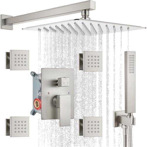 gotonovo Rainfall Shower System with Full Body Jets 4pcs Brushed Nickel | 12’’ Rainfall Shower Head with Handheld Spray Combo,Wall Mount,Rough-in Valve and Trim Kit,Brass Body Message Jets,All Metal - color: Nickel