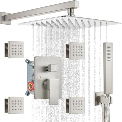 gotonovo Rainfall Shower System with Full Body Jets 4pcs Brushed Nickel | 12’’ Rainfall Shower Head with Handheld Spray Combo,Wall Mount,Rough-in Valve and Trim Kit,Brass Body Message Jets,All Metal - color: Nickel
