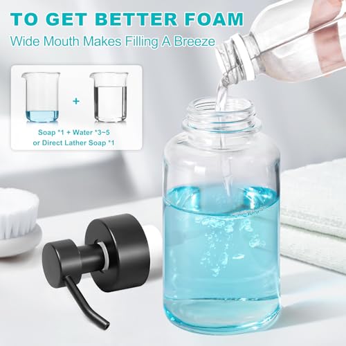Foaming Hand Soap Dispenser, 14.1 oz/400ml Foaming Soap Dispenser, 2 Pack Glass Foaming Dispenser for Bathroom & Kitchen, Clear Refillable Liquid Dispenser Bottle with Waterproof Labels - color: Clear Bottle+black Pump