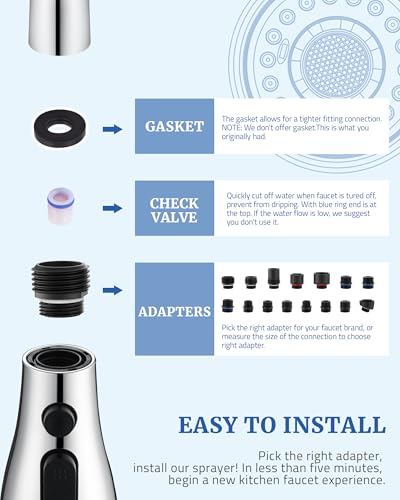 Kitchen Faucet Spray Head Replacement, Pull Down Sprayer with 15 Adapters | Pull Out Faucet Spray Nozzle, 3 Modes Stream/Spray/Strong Spray, DOE CEC Certified, Simple Installation, Chrome - color: Chrome
