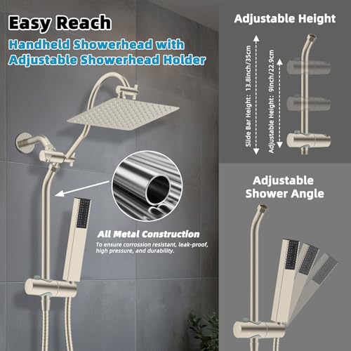 Hibbent 10'' Rainfall Showerhead with 4-mode Handheld Spray, Brushed Nickel | cUPC Certified High Pressure Showerhead Combo, 12'' Adjustable Extension Arm, Extension Bar, Easy Reach Holder, 71'' Hose - color: Brushed Nickel, style: Square 10''