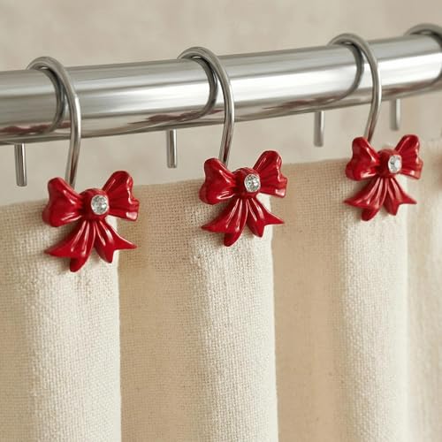 Red Bow Shower Curtain Hooks: Decorative Bathroom Curtain Rings, 12Pcs | Cute Rustproof Hangers for Valentine & Xmas Holiday Bathroom Decor, Chic Coquette Accessories & Housewarming Gift for Girls - color: Red