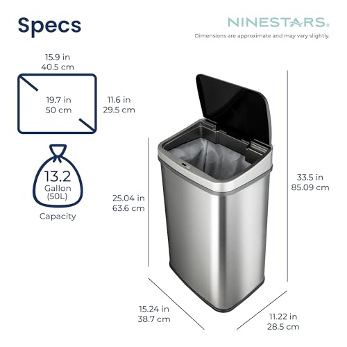 Ninestars DZT-50-28BR Automatic Touchless Motion Sensor Rectangular Trash Can, Black Top, 13 Gal. 49 L., Brush - color: Silver & Black