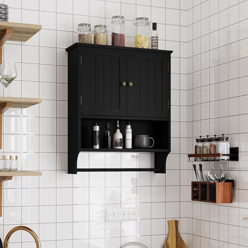 Smuxee Black Bathroom Cabinet Wall Mounted with Towels Bar, Medicine Cabinet with 2 Door Adjustable Shelves, Over Toilet Cabinet for Bathroom Laundry Room Kitchen - color: Black Big With Towels Bar