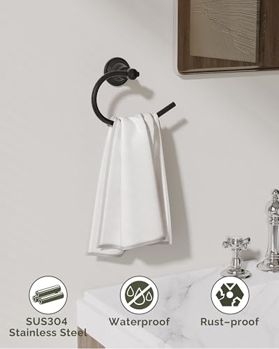 Black Towel Ring Wall Mounted for Bathroom, Hand Towel Holder | 304 Stainless Steel Heavy Duty Towel Hanger Waterproof & Rustproof Towel Holder Raised Base - color: Matte Black