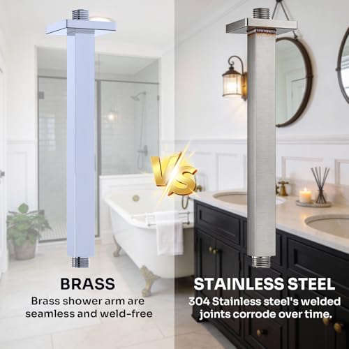Enga Polished Chrome 12 Inch Square Ceiling Mount Shower Arm with Flange, Solid Brass Rain Shower Head Extension Arm 300mm, NPT 1/2"Thread - color: Chrome, style: 12 Inch