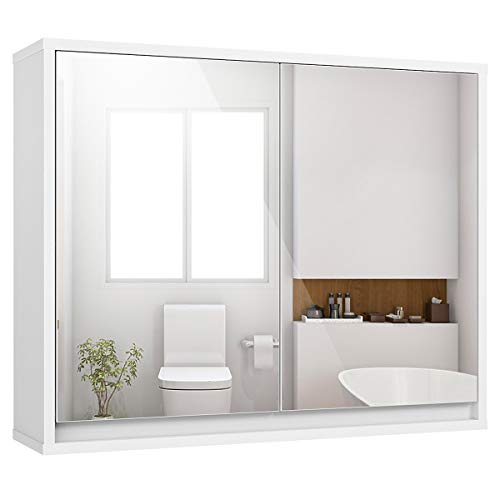 Tangkula Bathroom Medicine Cabinet, 2-Tier Wall-Mounted Storage Cabinet with Double Mirror Doors, Multipurpose Kitchen Bathroom Medicine Storage Cabinet, White (22" x 18") - size: 22 x 18 Inch