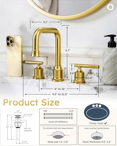 WOWOW Gold Bathroom Faucet 3 Hole, Widespread Vanity Sink Faucets 8 Inch | Copper Inlet Brushed Gold Faucet for Bathroom Sink with Swivel Spout, 2 Handles Lavatory Tap with Drain and cUPC Supply Line - color: Brushed Gold, style: Upgrade-8 Inch
