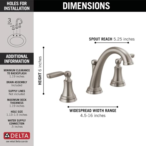 Delta Woodhurst Brushed Nickel Bathroom Faucet 3 Hole, 8 Inch Widespread Bathroom Sink Faucet for Vanity, Metal Push-Pop Drain Assembly, Stainless 3532LF-SS - color: Stainless