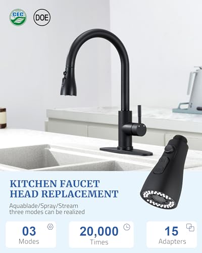 Kitchen Faucet Spray Head Replacement, Pull Down Sprayer with 15 Adapters | Pull Out Faucet Spray Nozzle, 3 Modes Stream/Spray/Strong Spray, DOE CEC Certified, Simple Installation, Matte Black - color: Matte Black
