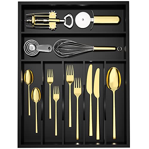 Utensil Organizer Silverware Drawer Organizer - 7 Slots Bamboo Silverware Tray For Kitchen Cutlery Office Supplies Makeup Desk Storage Garage Tool Organization W13”x L17” (Black) - color: Black, size: 7 Slot