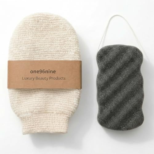 Korean Exfoliating Hemp Glove & Konjac Body Sponge Set. Deep Exfoliating Soft Body Scrubber Glove & Konjac Body Sponge, Dead Skin Remover for Keratosis Pilaris, 100% Vegan