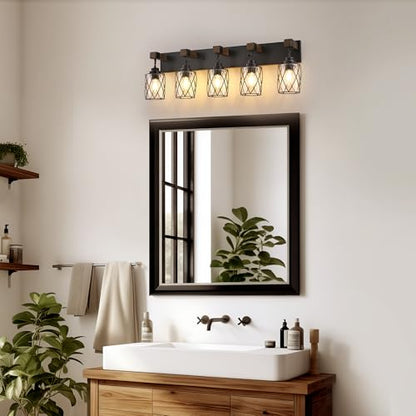 Bathroom Light Fixtures,Farmhouse Black Metal with Glass Shade | 5 Light Rustic Vanity Lights, Wood Accent Wire Cage Design, Mounts Over Mirror, Ideal for Bedroom & Hallway,Easy to Install - size: 5-Light