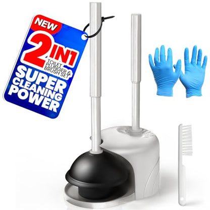 4in1 Toilet Plunger and Brush Set - Home Bathroom Cleaning Tools | 21", Groove Gap Brush, Cleaning Gloves, Heavy Duty Toilet Bowl Cleaner, Apartment Must Haves Bathroom Decor, Light Grey - color: Light Grey