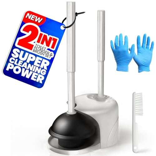 4in1 Toilet Plunger and Brush Set - Home Bathroom Cleaning Tools | 21", Groove Gap Brush, Cleaning Gloves, Heavy Duty Toilet Bowl Cleaner, Apartment Must Haves Bathroom Decor, Light Grey - color: Light Grey
