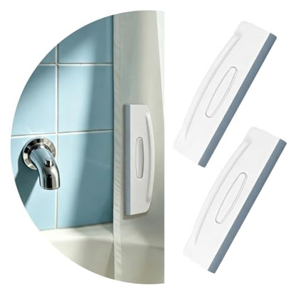 2-in-1 Shower Squeegee and Magnetic Shower Curtain Clips, All-in-One Silicone Squeegee for Glass Door with Splash Guard Clips, No-Drill Adhesive Water Guard for Bathroom, Gray/White, Pack of 2