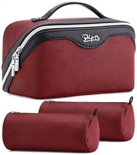 BOYATU Travel Makeup Bag Organizer Cosmetic Bag: 3 Pcs Set Make up Bags for Women with Handle - Waterproof Vegan Leather Toiletry Bags Travel Essentials Pouch with Compartments (A-04-Red) - color: 02-D-Red