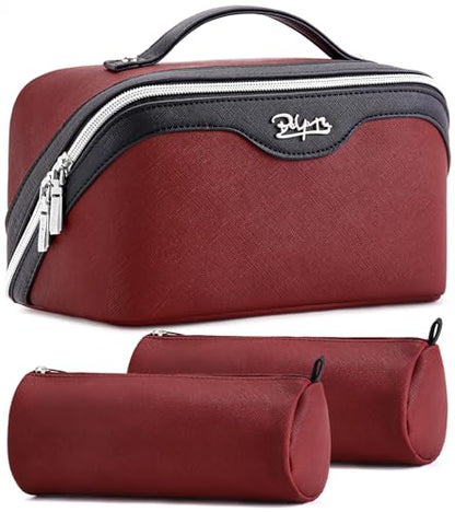 BOYATU Travel Makeup Bag Organizer Cosmetic Bag: 3 Pcs Set Make up Bags for Women with Handle - Waterproof Vegan Leather Toiletry Bags Travel Essentials Pouch with Compartments (A-04-Red) - color: 02-D-Red