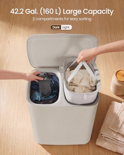 SONGMICS Laundry Basket with Lid, 42.2 Gallons, 2-Compartment Laundry Hamper with Handle, Removable Liner, Easy Assembly, 22 x 15.7 x 27.5 Inches, Cappuccino Beige ULCB822L101 - color: Cappuccino Beige