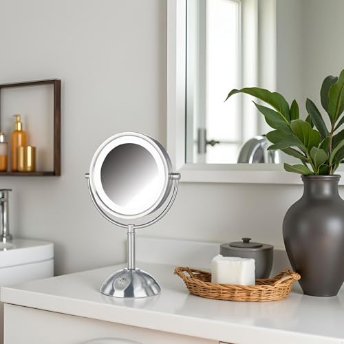 JERDON Lighted Makeup Mirror with 8X Magnification - Nickel - HL8808NL | Two-Sided 1X View, 8.5" Round Frame, 16" Tall, LED Lighting - color: Nickel