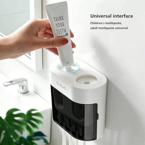 Wall Mounted Toothbrush Holders with Covers for Bathroom,2 Toothpaste Squeezer for Kids and Aldults，Toothpaste Dispenser，Holds 4 Toothbrushes