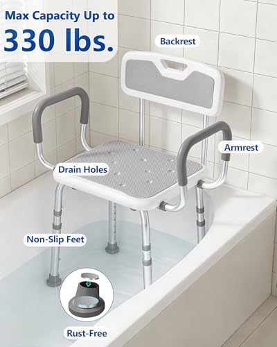 Shower Chair with Back and Arms, 330 lb Capacity | Height Adjustable, Padded Armrests, Non-Slip Seat, For Seniors, Elderly and Disabled Users
