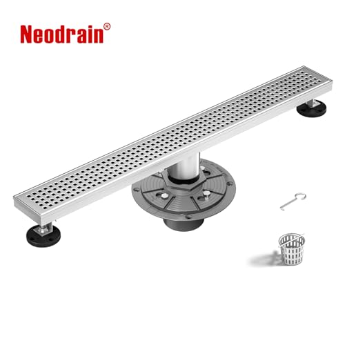 Neodrain 18-Inch Brushed Linear Shower Drain with Quadrato Pattern Grate | 304 Stainless Steel Linear Drain,Rectangle Shower Floor Drain with Hair Strainer, shower drain base ,Fits Bathroom, Balcony - color: Brushed, size: 18 In