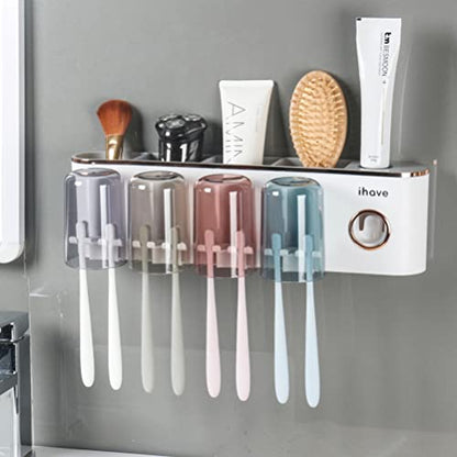 iHave Toothbrush Holders for Bathrooms Wall Mounted with Dispenser & 4 Cups | 12 Slots Wall Mount Toothbrush Holders for Bathrooms with Squeeze Toothpaste Dispenser, 4 Cups & 4 Compartments Organizer - color: White 4 Cups