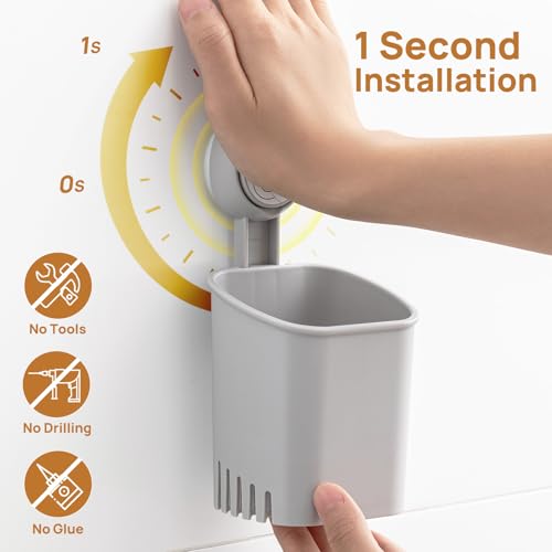 LEVERLOC Powerful Suction Cup Toothbrush Holder, Drill-Free Wall Shower Holder for Toothbrush, Toothpaste, Razor, Removable Suction Cup in Shower, Self-draining Kitchen Tableware Organizer, Gray - color: 1 Holder, Gray