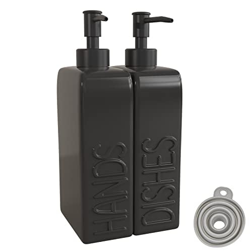 Soap Dispenser Set with Stainless Steel Pump, 2 Pack Ceramic Refillable Dish Soap and Hand Soap Dispenser for Kitchen, Bathroom, Matte Black - color: Black