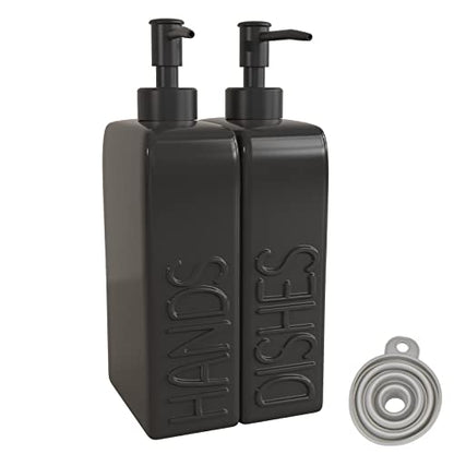 Soap Dispenser Set with Stainless Steel Pump, 2 Pack Ceramic Refillable Dish Soap and Hand Soap Dispenser for Kitchen, Bathroom, Matte Black - color: Black