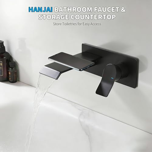 Bathroom Faucets Wall Mount Waterfall Faucet Single Handle Vessel Sink Faucet with Brass Rough-in Valve Storage Countertop Holder for Lavatory Vanity Washroom Basin Wall Tap Matte Black