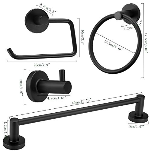 4 Piece Bathroom Accessories Set (Single Towel Bar, Towel Ring, Toilet Paper Holder, Double Towel Hooks), Wall Mounted Bath Hardware Accessory Fixtures Set - color: Matte Black Holder- 4