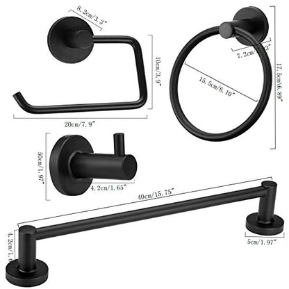4 Piece Bathroom Accessories Set (Single Towel Bar, Towel Ring, Toilet Paper Holder, Double Towel Hooks), Wall Mounted Bath Hardware Accessory Fixtures Set - color: Matte Black Holder- 4