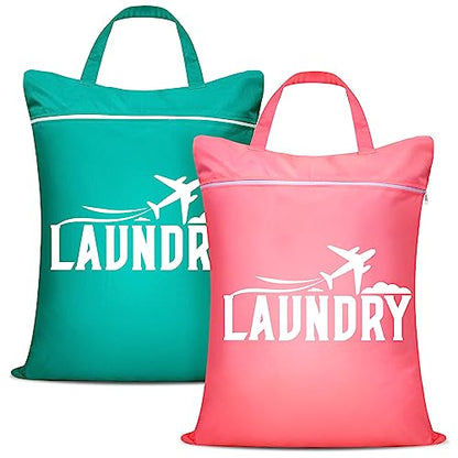 Fiodrimy 2 Pcs Large Travel Laundry Bags - Washable Waterproof Wet Dry Bags for Dirty Clothes, Swimsuits, Workout & Gym Clothes - Pink & Blue - color: Pink+blue