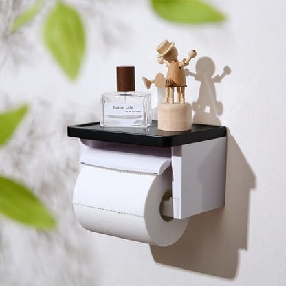 Black Toilet Paper Holder with Shelf, Matte Black Toilet Paper Holder with Shelf, Black Square Toilet Paper Holder for Bathroom - color: Abs Black&white, size: Single