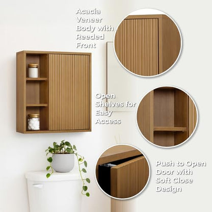 Teamson Home 22″ Wide Bathroom Wall Cabinet with Open Compartments & 1 Door with Fixed Interior Shelf, Wall Mounted Medicine Cabinet with Wooden Bracket for Mounting, Fluted Finish in Natural Tone | Open Compartments, 1 Door with Fixed Interior Shelf, Woo