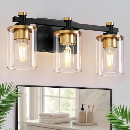 Bathroom Light Fixture, Bathroom Vanity Light Over Mirror, 3-Lights | Vanity Lights for Bathroom, Modern Lighting Fixtures with Clear Glass Shade, Black and Gold Vanity Lights, ETL Listed - color: Gold and Black, size: 3-Lights