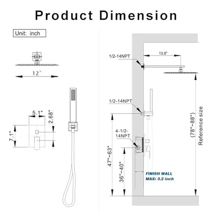 12" Rain Shower System with Handheld & Valve, Matte Black | Wall-Mounted High-Pressure Shower Faucet Combo Set, 12-Inch Rain Shower Head with Handheld Spray,Includes Valve and Trim Kit - color: Matte Black 12