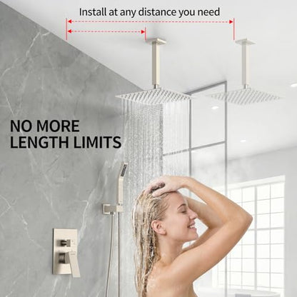 SR SUN RISE Brass 10 Inches Ceiling Mounted Shower System Brushed Nickel Bathroom Luxury Rain Mixer Shower Combo Set Ceiling Install Rainfall Shower Head System - color: Brushed Nickel, style: 10 inch