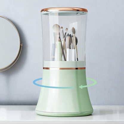 Makeup Brush Holder with Lid Cosmetic Tools Organizer 360 Rotating Waterproof Dustproof Make Up Brushes Storage for Vanity Bathroom Countertop - color: Green slender